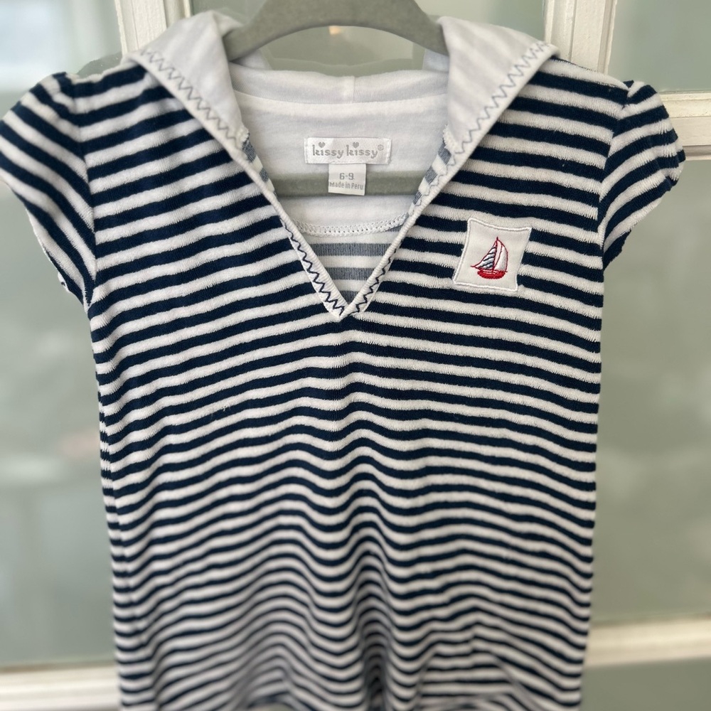 Kissy Kissy Blue and White hooded Swim Cover with Stripes
